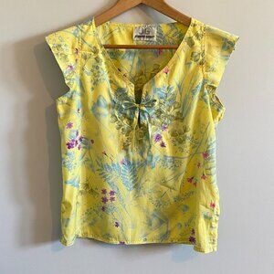 Vintage 80s Short-sleeve Floral Blouse Yellow Summer Top Print Bow Colourful
